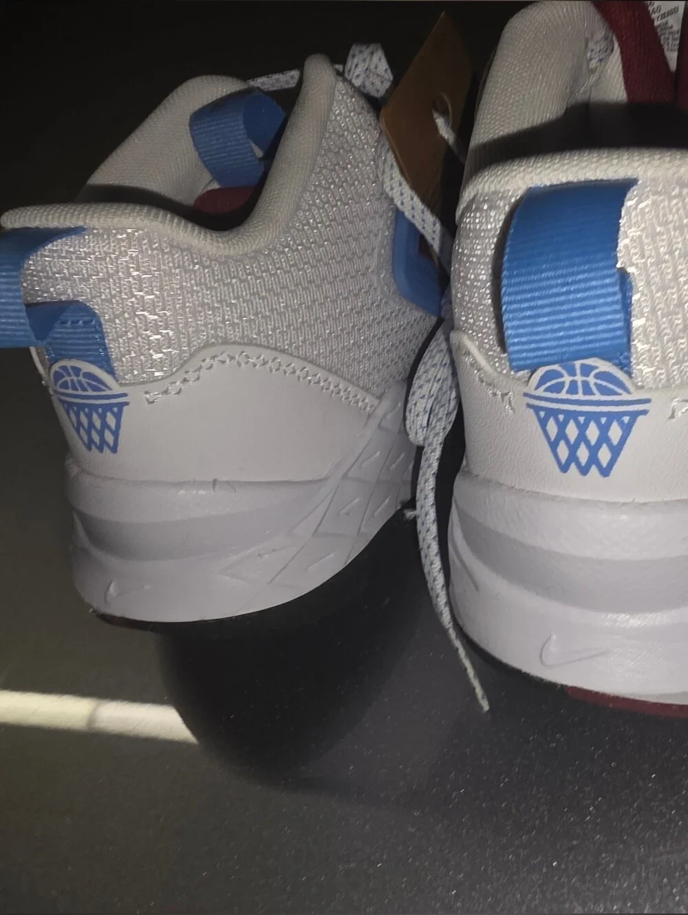 Brand New Size 5.5Y Nike Kids White Sneakers with Blue Strap and Maroon Swoosh